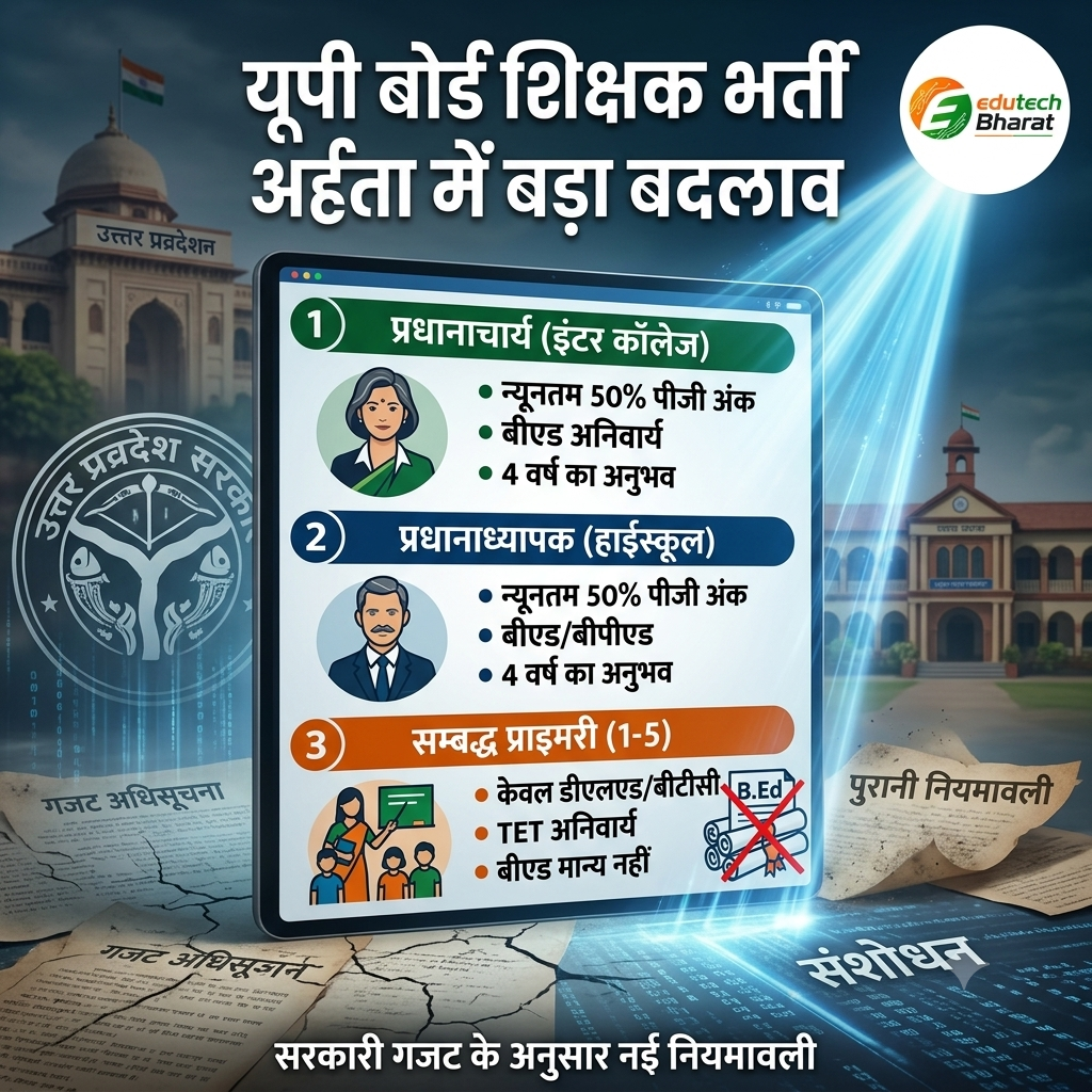 UP Board New Teacher Eligibility Rules: यूपी में प्रधानाचार्य व प्राइमरी शिक्षक भर्ती के नियमों में बड़ा बदलाव, गजट अधिसूचना जारी